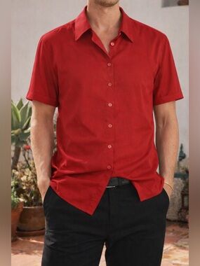 Vintage Como L’Officiel Red Silk Button Shirt Short Sleeve Size 8